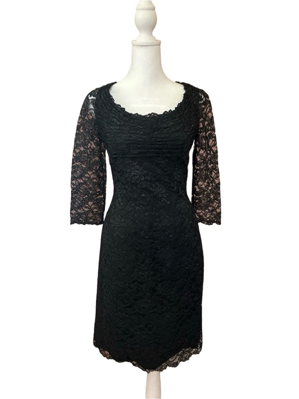VTG 90s Chris Kole Saks Fifth Avenue Blk Lace Ruched Bust Cocktail Midi Dress 6